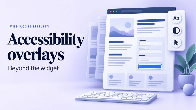 Accessibility widget beside a layered website and keyboard, with the heading “Accessibility overlays: Beyond the widget.”