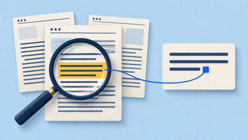 A magnifying glass over a highlighted passage on one of three web pages, with a line running from the passage to a citation in an answer card.