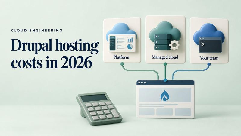Three Drupal hosting options—platform, managed cloud and your team—connected to a website, beside a calculator.