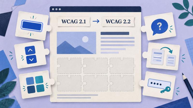 Six accessibility feature tiles surrounding a webpage labelled WCAG 2.1 to WCAG 2.2.