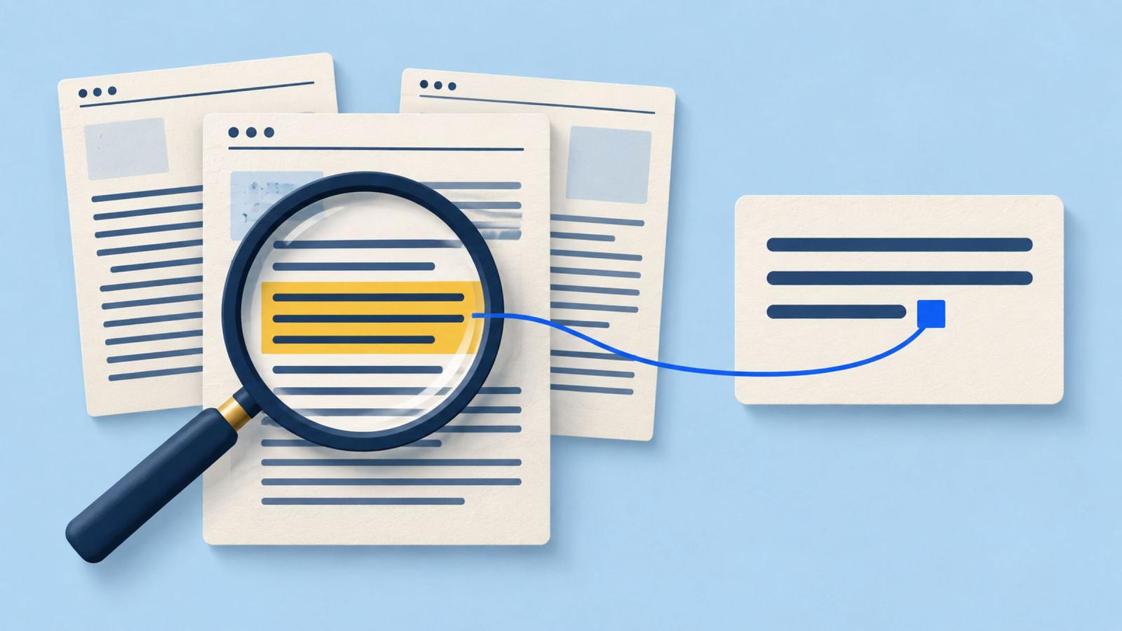 A magnifying glass over a highlighted passage on one of three web pages, with a line running from the passage to a citation in an answer card.
