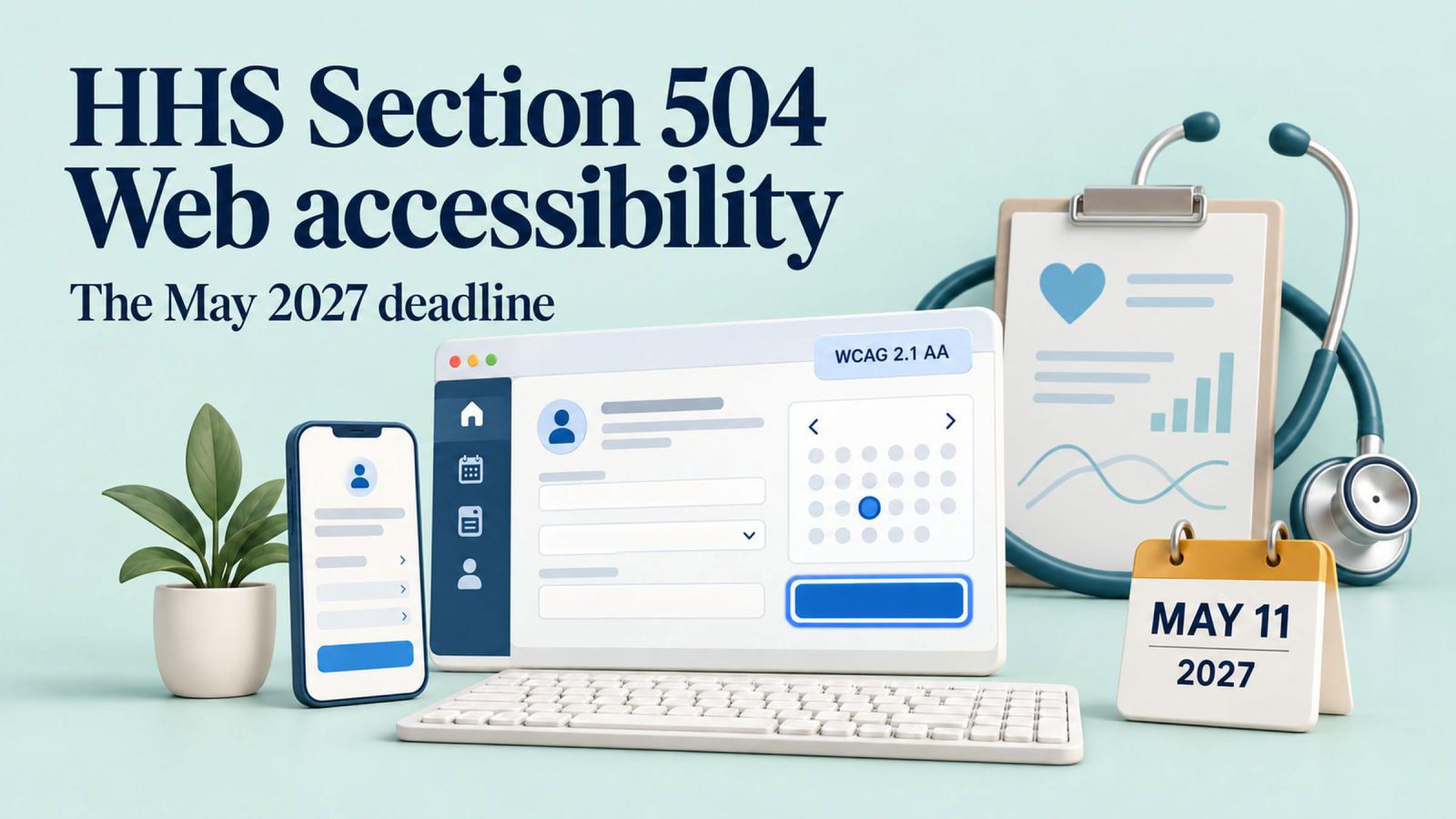 HHS Section 504 web accessibility illustration with a patient portal, stethoscope and calendar marking May 11, 2027.